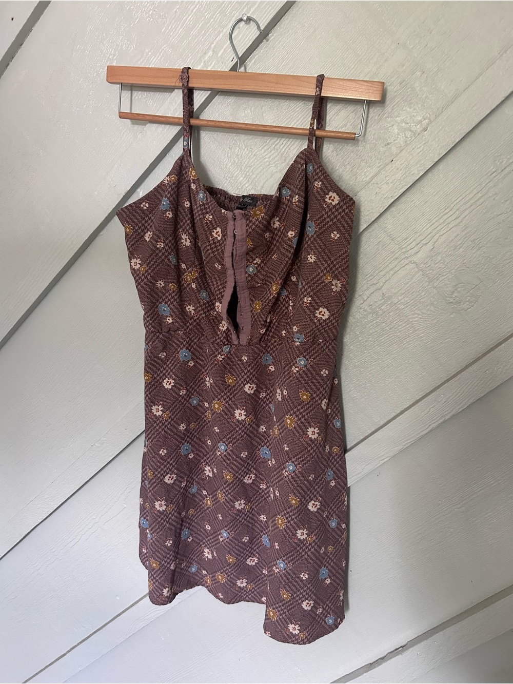 Brown Purple Floral HookFront Spaghetti Strap Dress